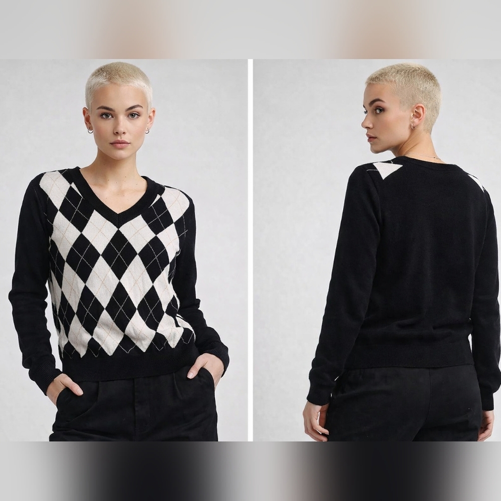 Tommy Hilfiger🖤Black and White Argyle V-Neck Sweater 100%PRIMA COTTON Sz XS